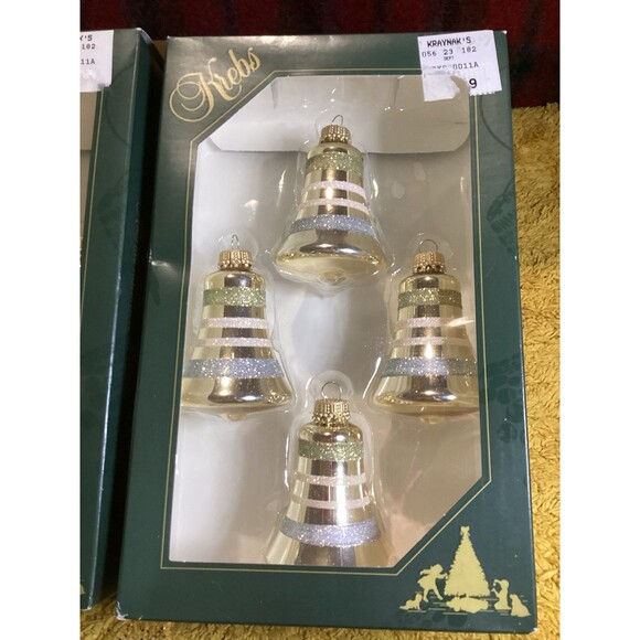 KREBS Glass Christmas Ornaments Tiffany Chiffon Bells Glitter Stripes 2 Boxes - Picture 2 of 10